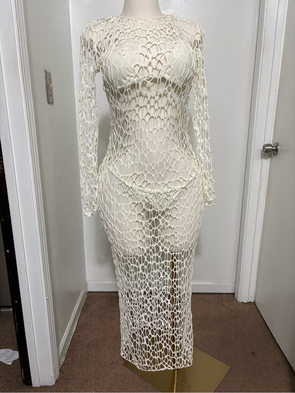 Women’s Ivory Crochet Long-Sleeve Swim Cover-Up Dress